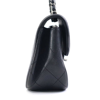 Chanel Shoulder Bag Caviar Skin Leather Black Silver