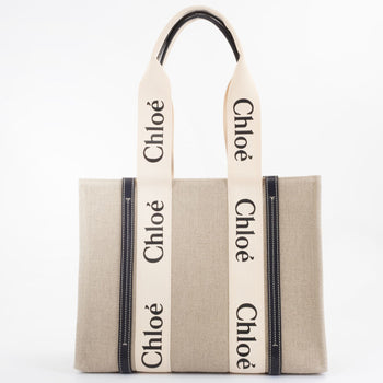 Chlo Chloe Woody Medium Tote Bag S383E66V-91J Linen White | Blue