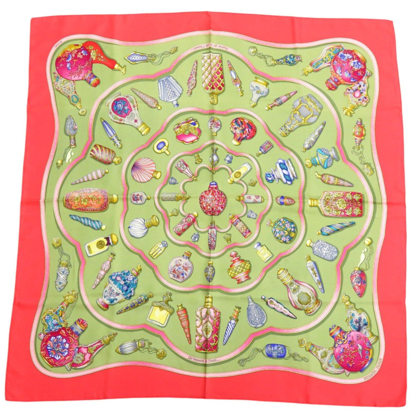 Herms Carr 90 "Qu Importe Le Flacon" Perfume Bottle Silk Red Scarf Muffler 0106 Hermes