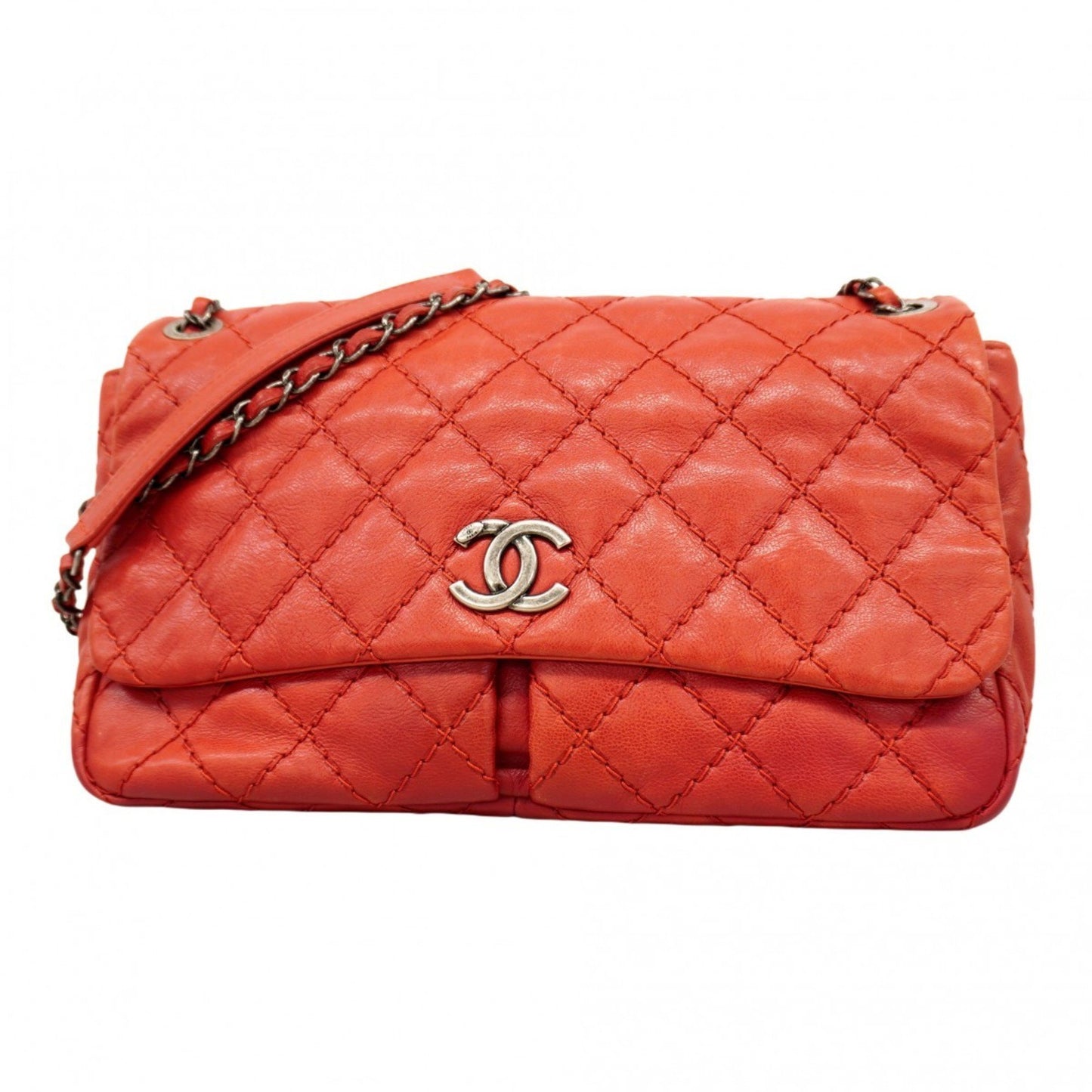 Chanel Shoulder Bag Wild Stitch W Chain Leather Red