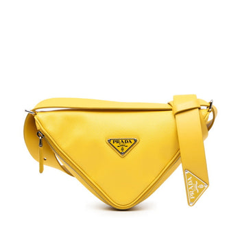 Prada Triangle Logo Plate Shoulder Bag In Yellow Saffiano Leather