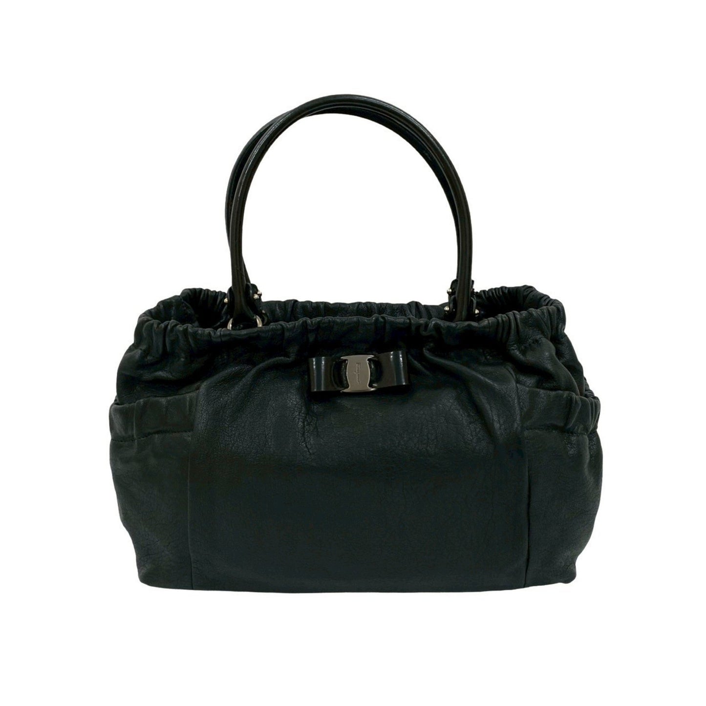 Salvatore Ferragamo Vara Ribbon Logo Hardware Leather Handbag Tote Bag Black 31299