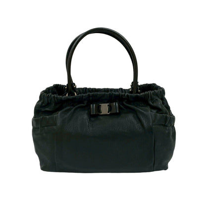 Salvatore Ferragamo Vara Ribbon Logo Hardware Leather Handbag Tote Bag Black 31299