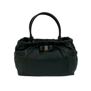 Salvatore Ferragamo Vara Ribbon Logo Hardware Leather Handbag Tote Bag Black 31299