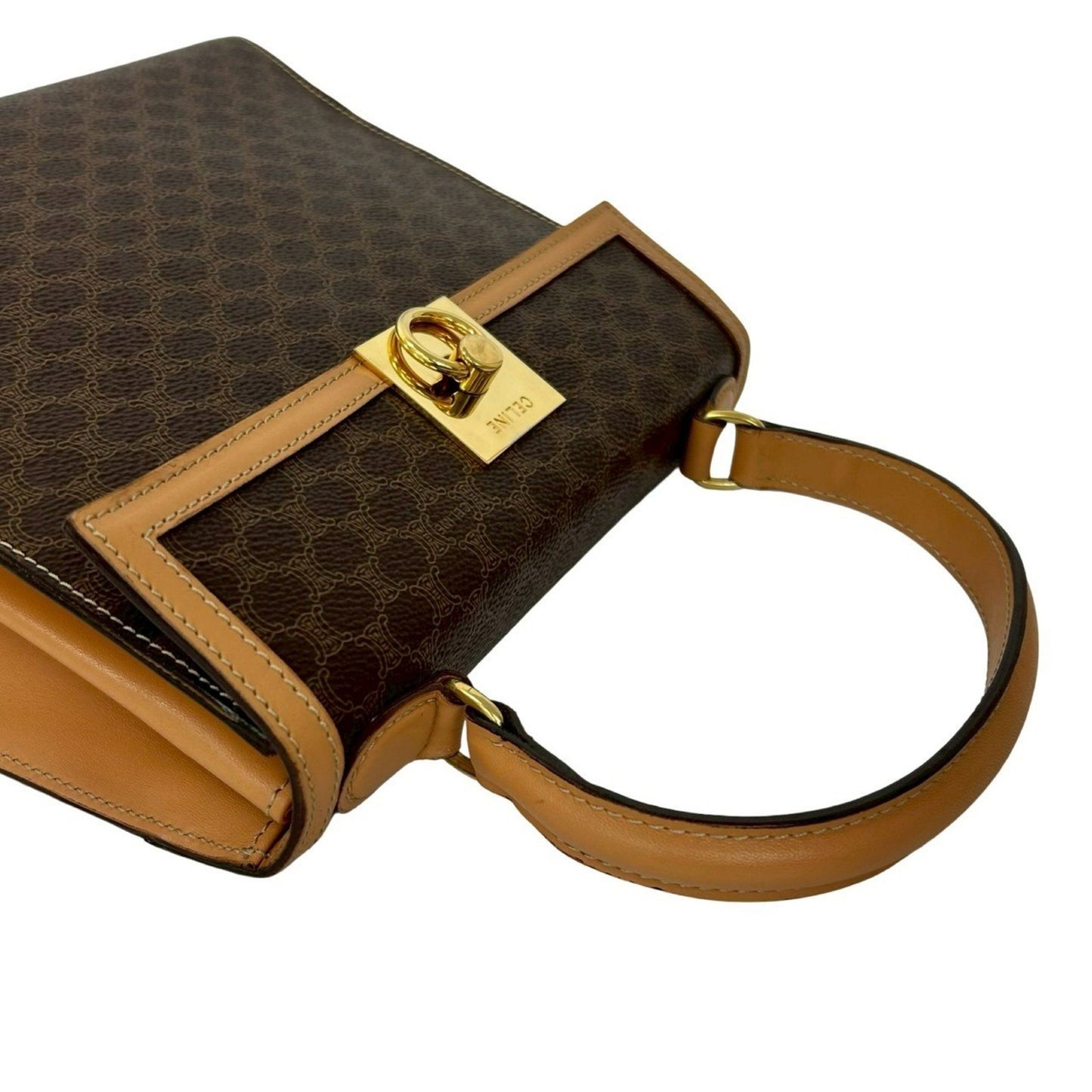 Celine Macadam Blason Pattern Logo Ring Leather Handbag Tote Bag Brown 11767