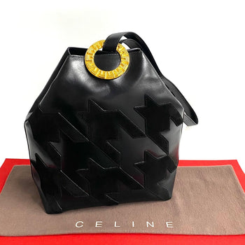 Celine Shoulder Bag Calfskin Black Arc De Triomphe Motif Circle Metal Women