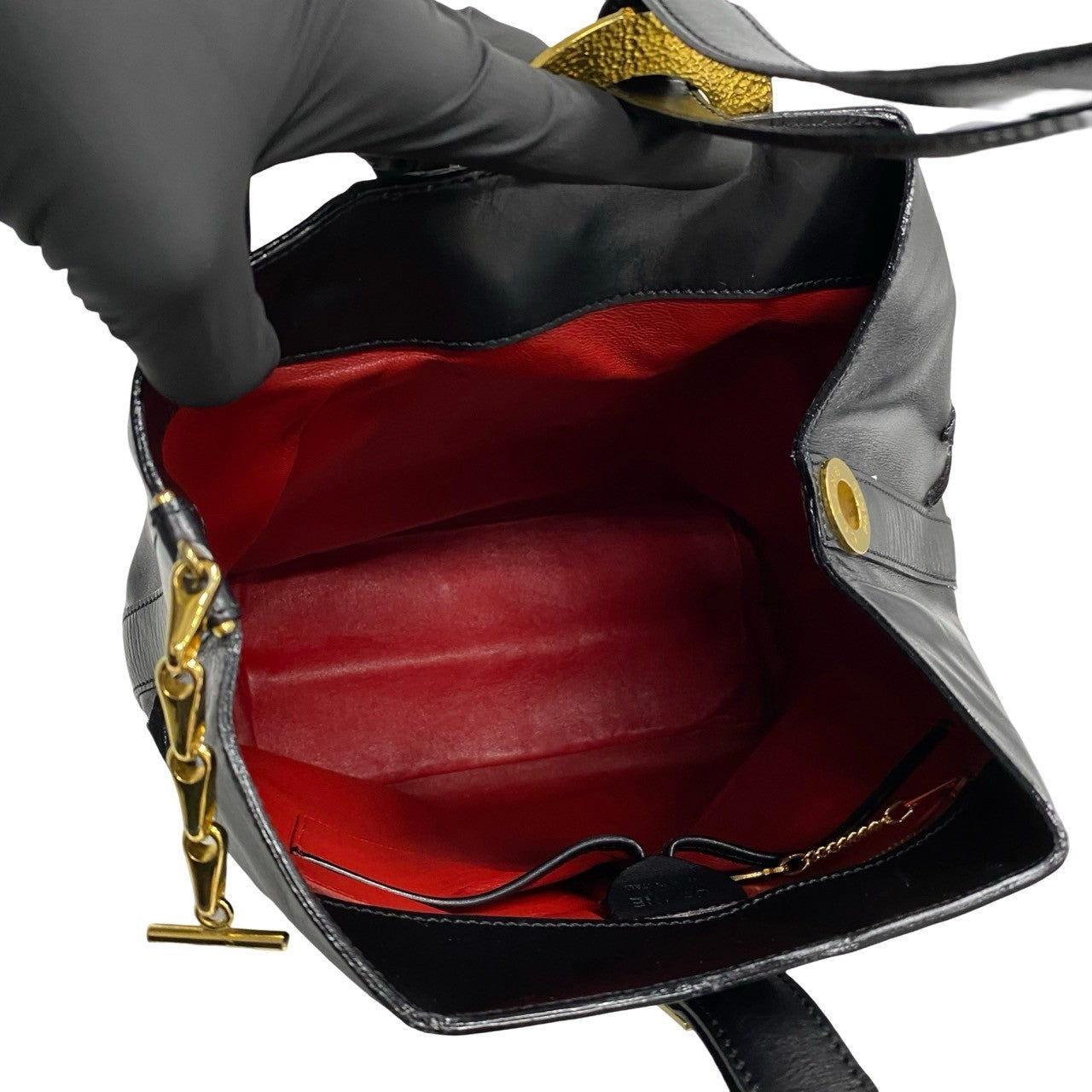 Celine Shoulder Bag Calfskin Black Arc De Triomphe Motif Circle Metal Women