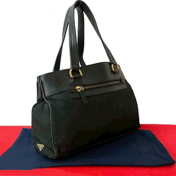 Prada Handbag Leather, Nylon Black Triangular Logo Women