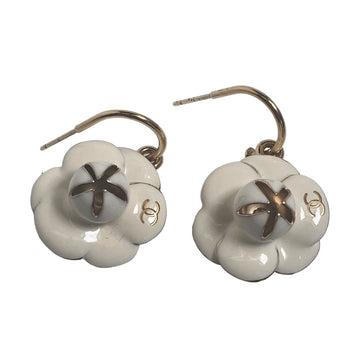Chanel Pierce Metal White Gold Hoop Earring Coco Mark 02P Camelia Women