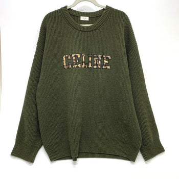 Celine Sweater 2Ab97 Wool Khaki Logo Leopard Pattern Mens L