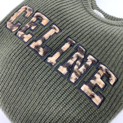 Celine Sweater 2Ab97 Wool Khaki Logo Leopard Pattern Mens L