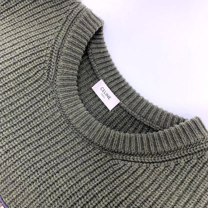 Celine Sweater 2Ab97 Wool Khaki Logo Leopard Pattern Mens L