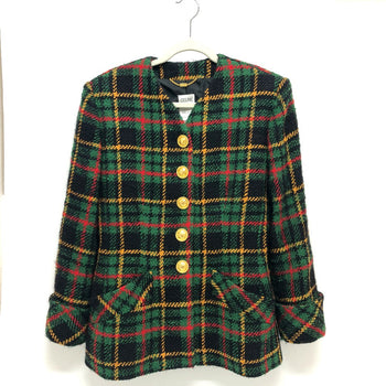 Celine Jacket Tweed Green/Yellow/Red/Black Vintage Check Macadam Button Jacket Outerwear Apparel