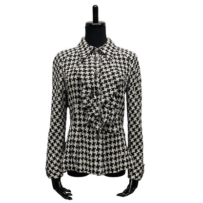 Chanel Tailored Jacket Silk, Metal White Coco Mark Houndstooth Pattern Women 36