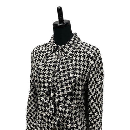 Chanel Tailored Jacket Silk, Metal White Coco Mark Houndstooth Pattern Women 36