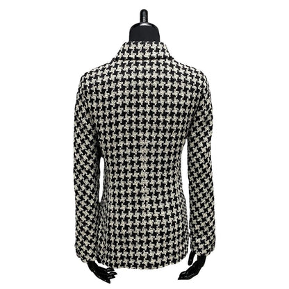 Chanel Tailored Jacket Silk, Metal White Coco Mark Houndstooth Pattern Women 36
