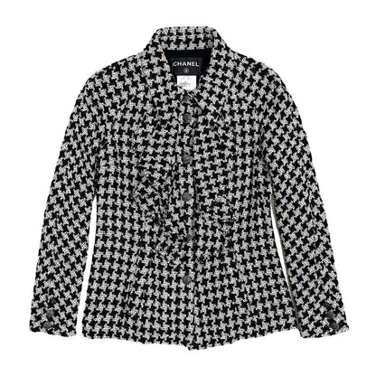 Chanel Tailored Jacket Silk, Metal White Coco Mark Houndstooth Pattern Women 36