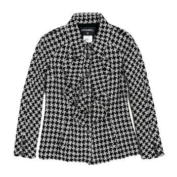 Chanel Tailored Jacket Silk, Metal White Coco Mark Houndstooth Pattern Women 36
