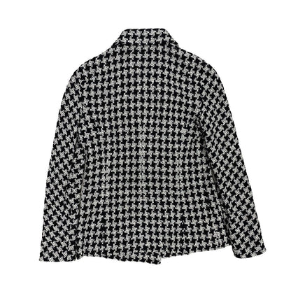 Chanel Tailored Jacket Silk, Metal White Coco Mark Houndstooth Pattern Women 36