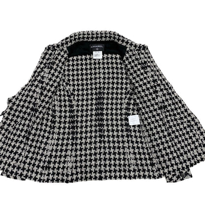Chanel Tailored Jacket Silk, Metal White Coco Mark Houndstooth Pattern Women 36