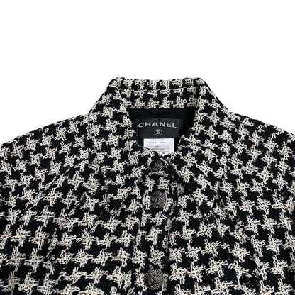 Chanel Tailored Jacket Silk, Metal White Coco Mark Houndstooth Pattern Women 36