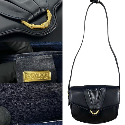 Gucci Shoulder Bag Leather Black Bamboo Metal Old Gucci Women