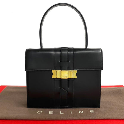 Celine Handbag Calfskin, Leather Black Ribbon Logo Metal Women