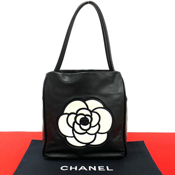 Chanel Tote Bag Lambskin Black Camellia Logo Women