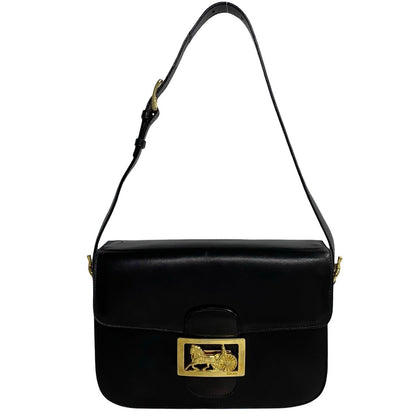 Celine Shoulder Bag Leather Black Logo Carriage Metal Women(Unisex)