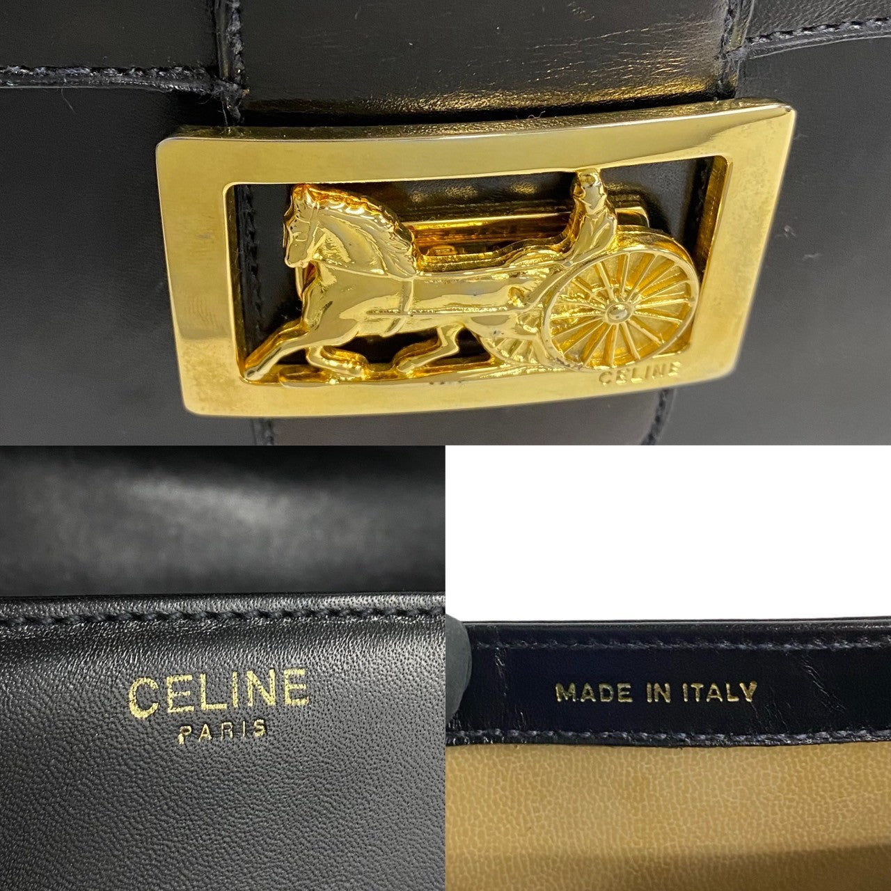 Celine Shoulder Bag Leather Black Logo Carriage Metal Women(Unisex)