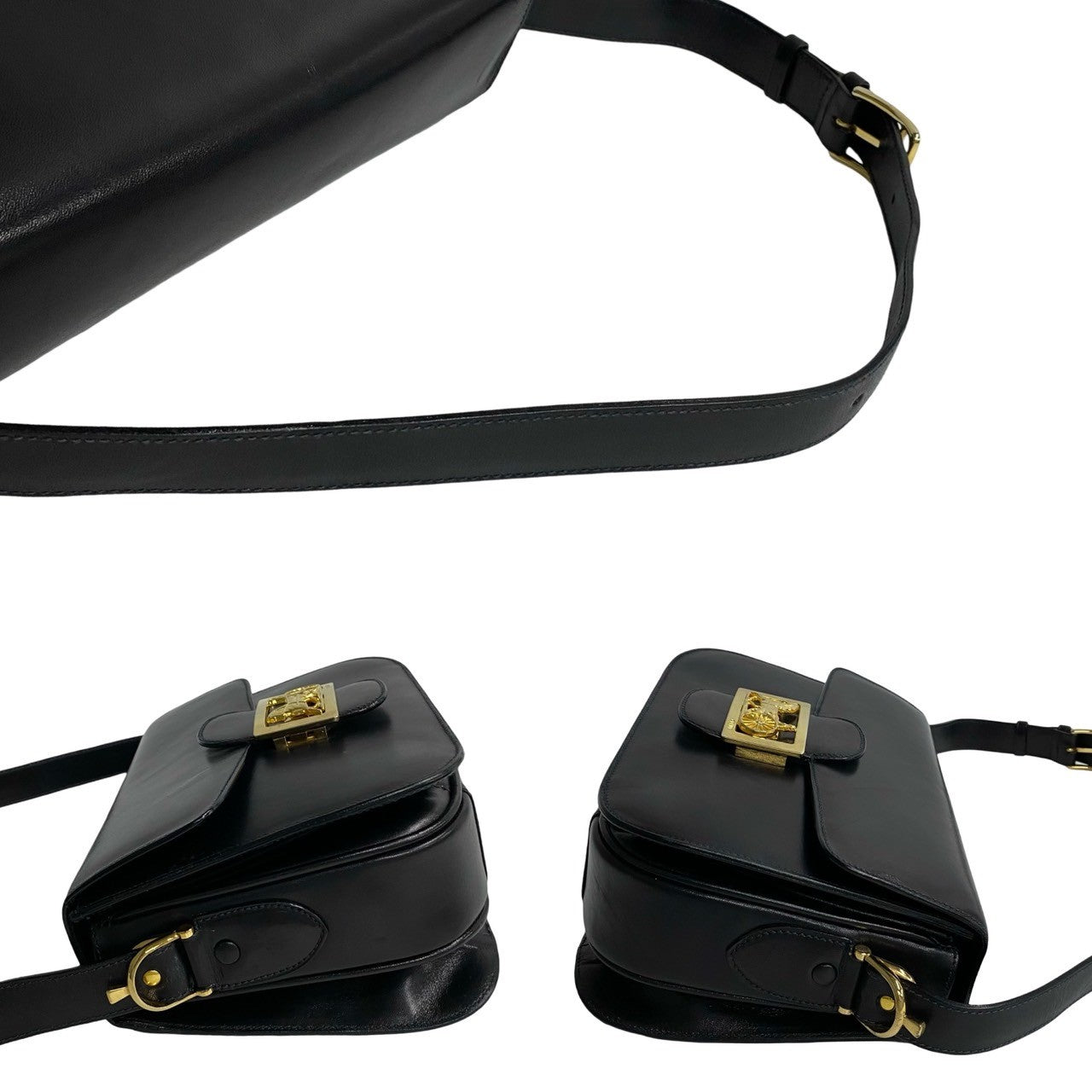 Celine Shoulder Bag Leather Black Logo Carriage Metal Women(Unisex)