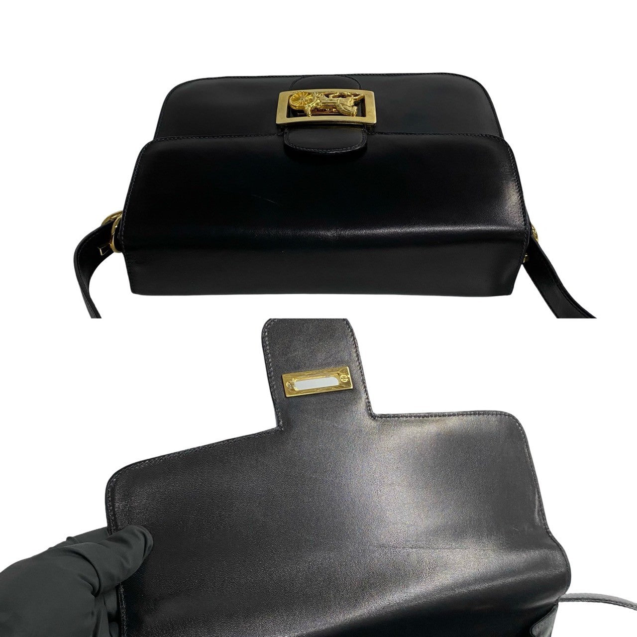 Celine Shoulder Bag Leather Black Logo Carriage Metal Women(Unisex)