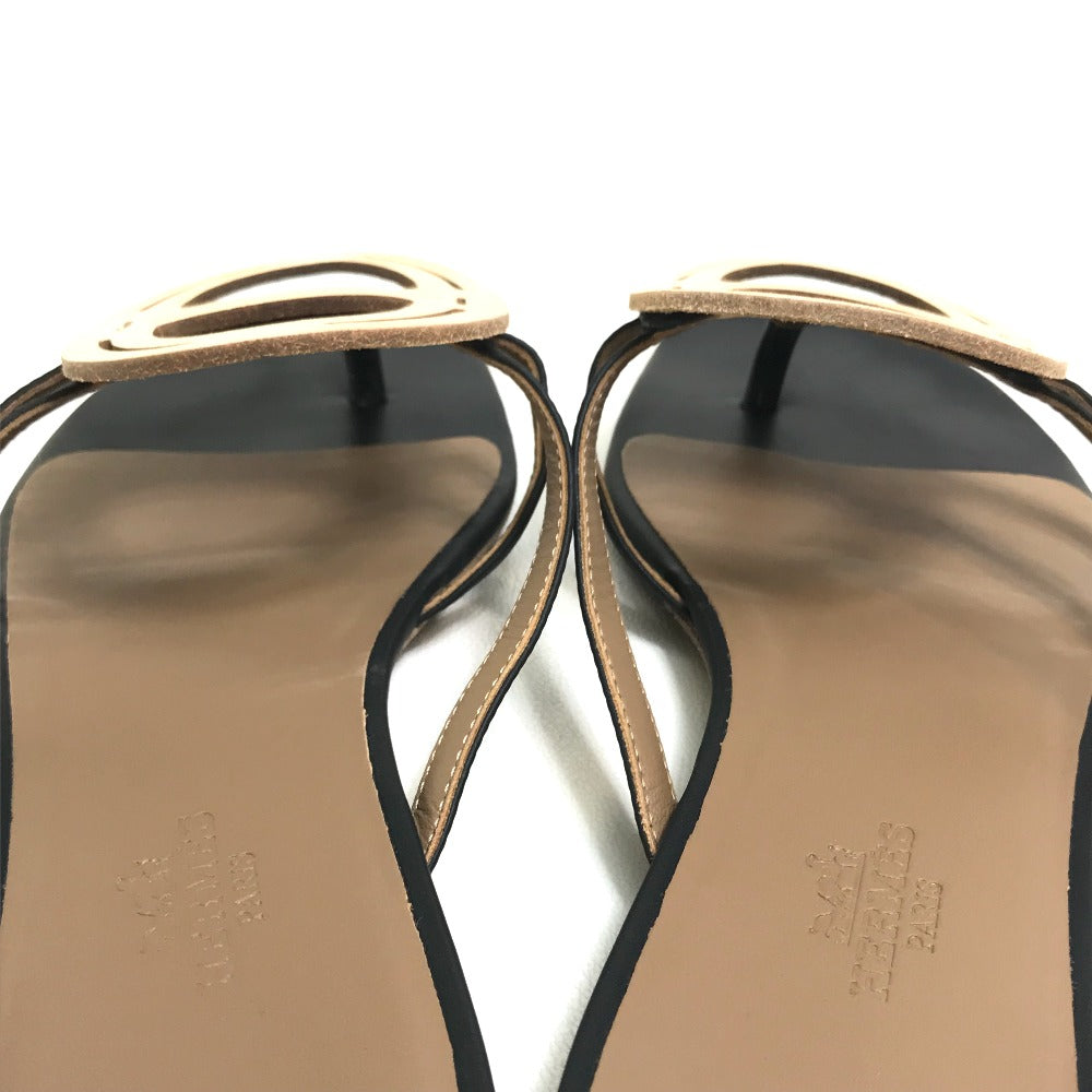 Hermes Sandals Leather Beige X Black X Brown Chene Dunkle Women 37