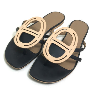 Hermes Sandals Leather Beige X Black X Brown Chene Dunkle Women 37