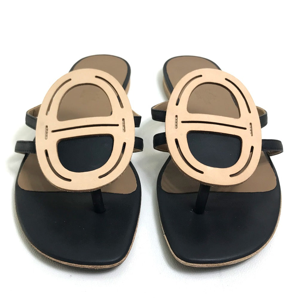 Hermes Sandals Leather Beige X Black X Brown Chene Dunkle Women 37