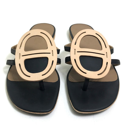 Hermes Sandals Leather Beige X Black X Brown Chene Dunkle Women 37