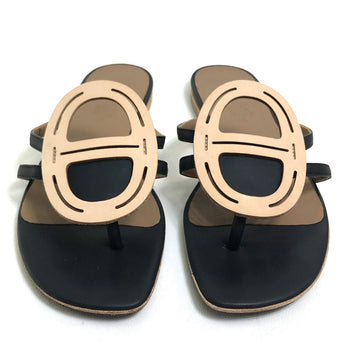 Hermes Sandals Leather Beige X Black X Brown Chene Dunkle Women 37