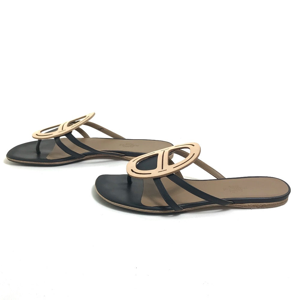 Hermes Sandals Leather Beige X Black X Brown Chene Dunkle Women 37