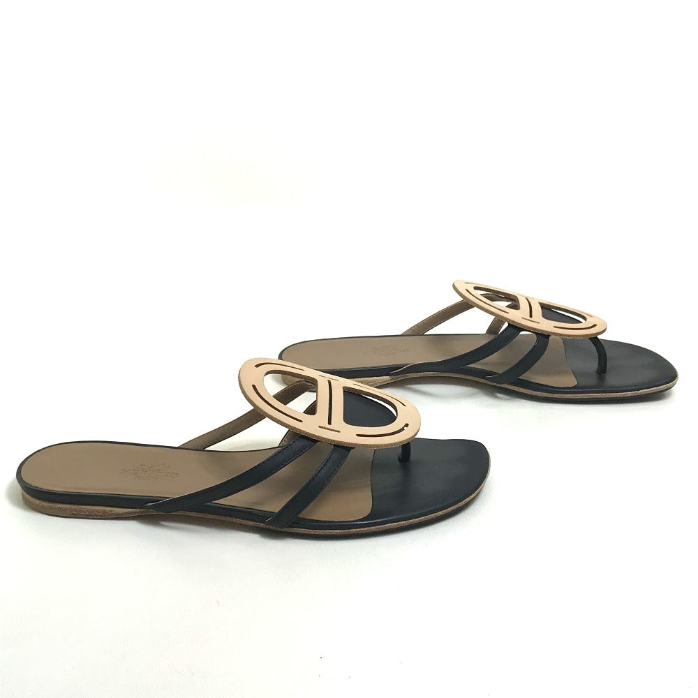 Hermes Sandals Leather Beige X Black X Brown Chene Dunkle Women 37