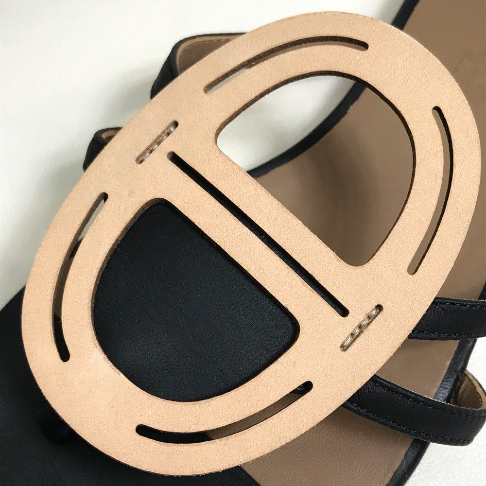 Hermes Sandals Leather Beige X Black X Brown Chene Dunkle Women 37