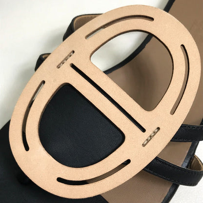 Hermes Sandals Leather Beige X Black X Brown Chene Dunkle Women 37