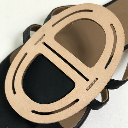 Hermes Sandals Leather Beige X Black X Brown Chene Dunkle Women 37
