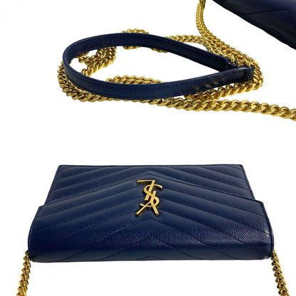 Saint Laurent Shoulder Bag Leather Navy Ysl Logo Metal Envelope Wallet Bag Women