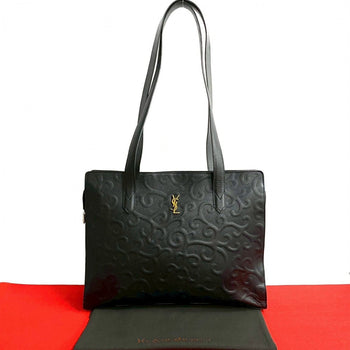 Yves Saint Laurent Tote Bag Leather Black Ysl Logo Arabesque Pattern Women(Unisex)