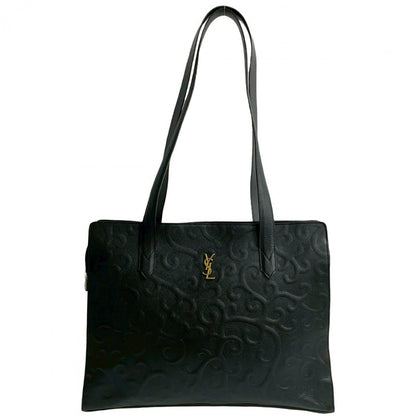 Yves Saint Laurent Tote Bag Leather Black Ysl Logo Arabesque Pattern Women(Unisex)