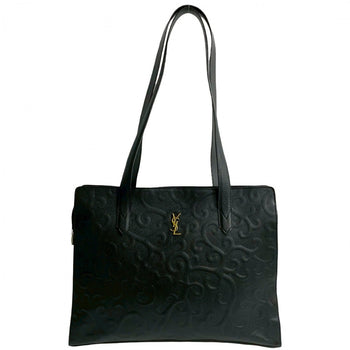 Yves Saint Laurent Tote Bag Leather Black Ysl Logo Arabesque Pattern Women(Unisex)