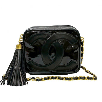 Chanel Shoulder Bag Lambskin, Patent Leather Black Coco Mark Tassel Women