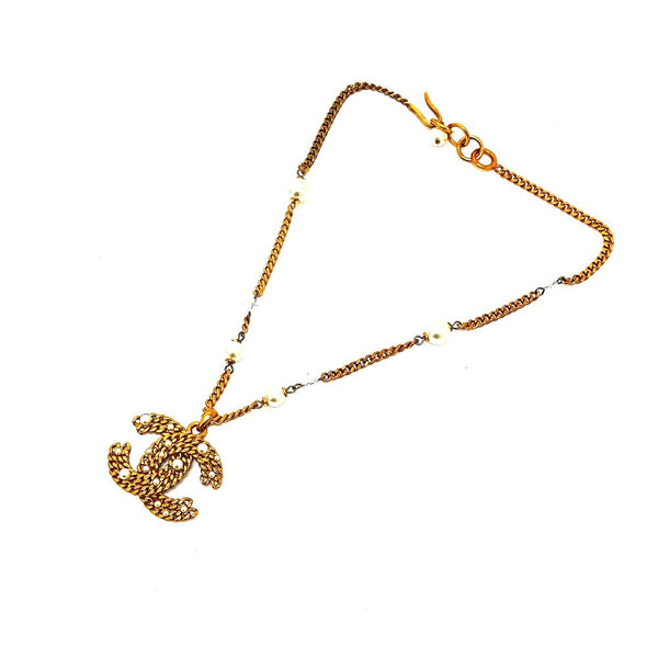 Chanel Necklace 05P Metal Gold Coco Mark Fake Pearl Women