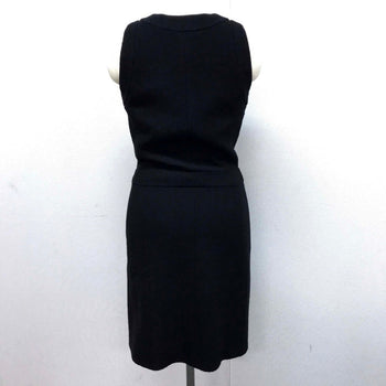 Chanel One Piece Tweed, Silk Black 15C Beaded V-Neck With Front Button Women 34