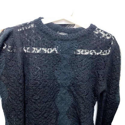 Chanel Knit P75692 Alpaca, Nylon Black Cc Coco Mark Lace Rhinestone Women 34
